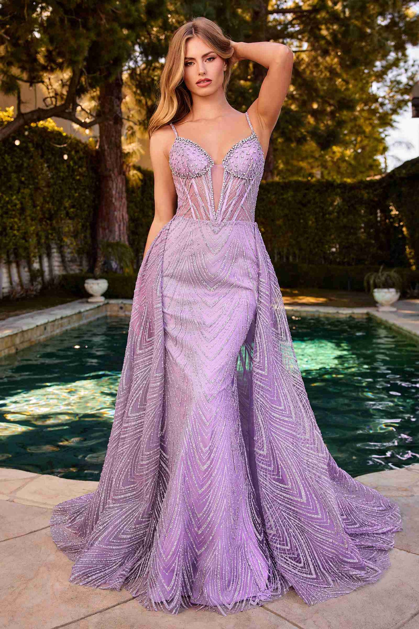 Ladivine C167 Dress Glitter Printed Fitted Gown With Overskirt