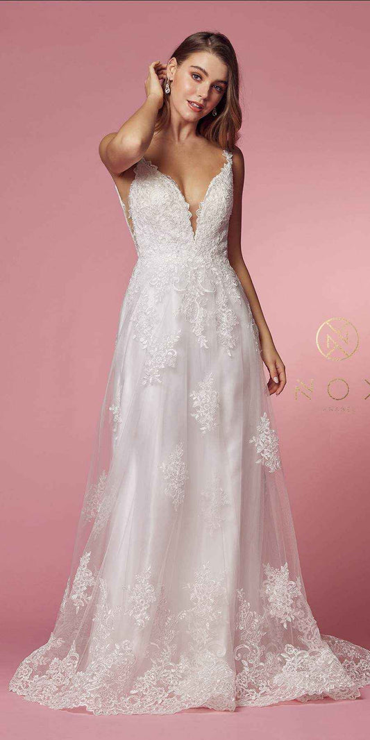 Nox Anabel C461 A-Line V-Neck Side Cutout Lace Strap Ball Gown