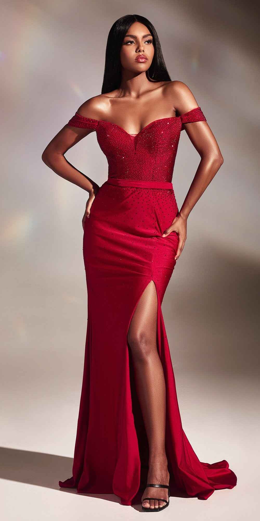 Cinderella Divine CA106 Long Off the Shoulder Fitted Evening Gown