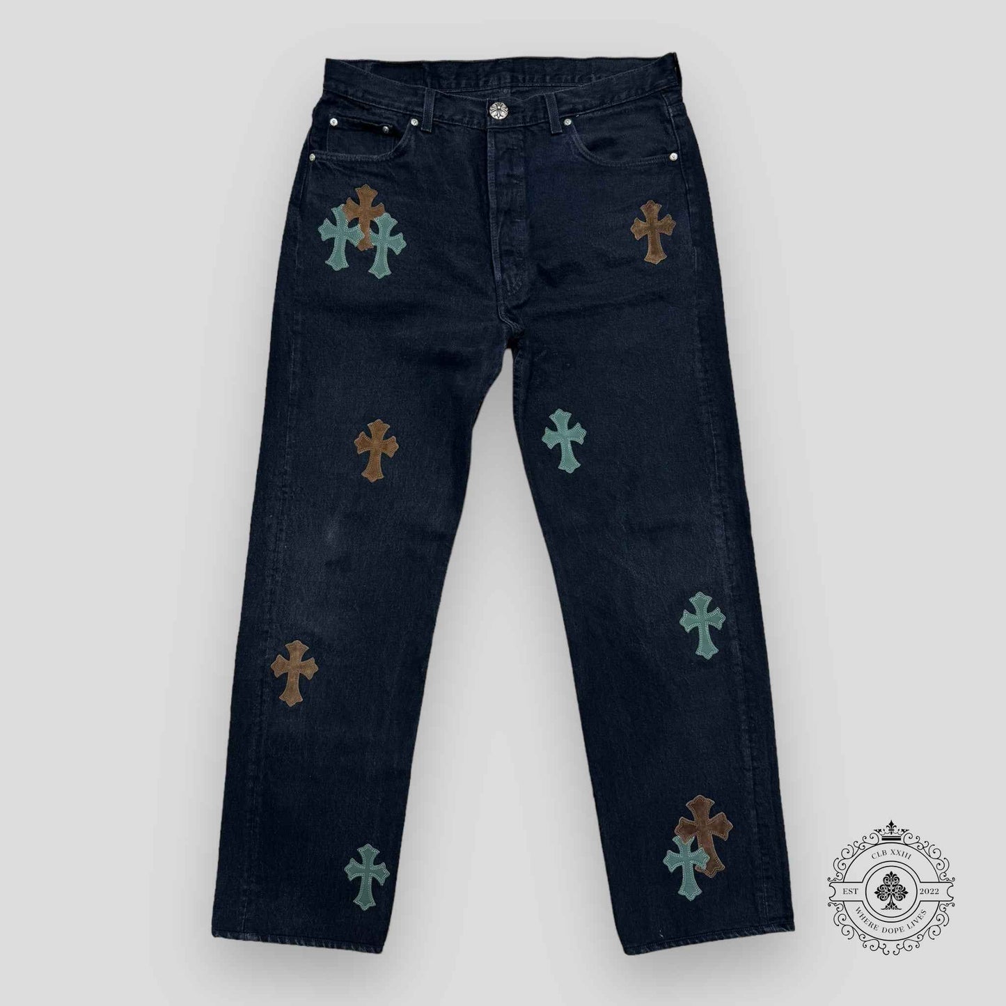 Chrome Hearts Green / Brown Cross Patch Jeans