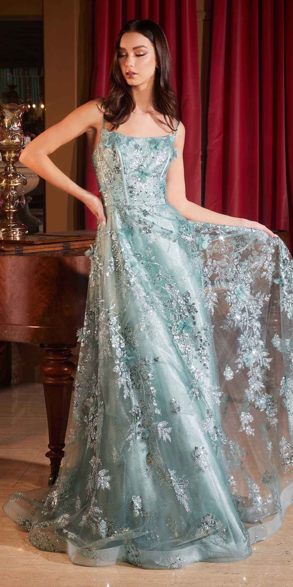 Ladivine CB144 Long Sequin Floral Printed A-Line Dress