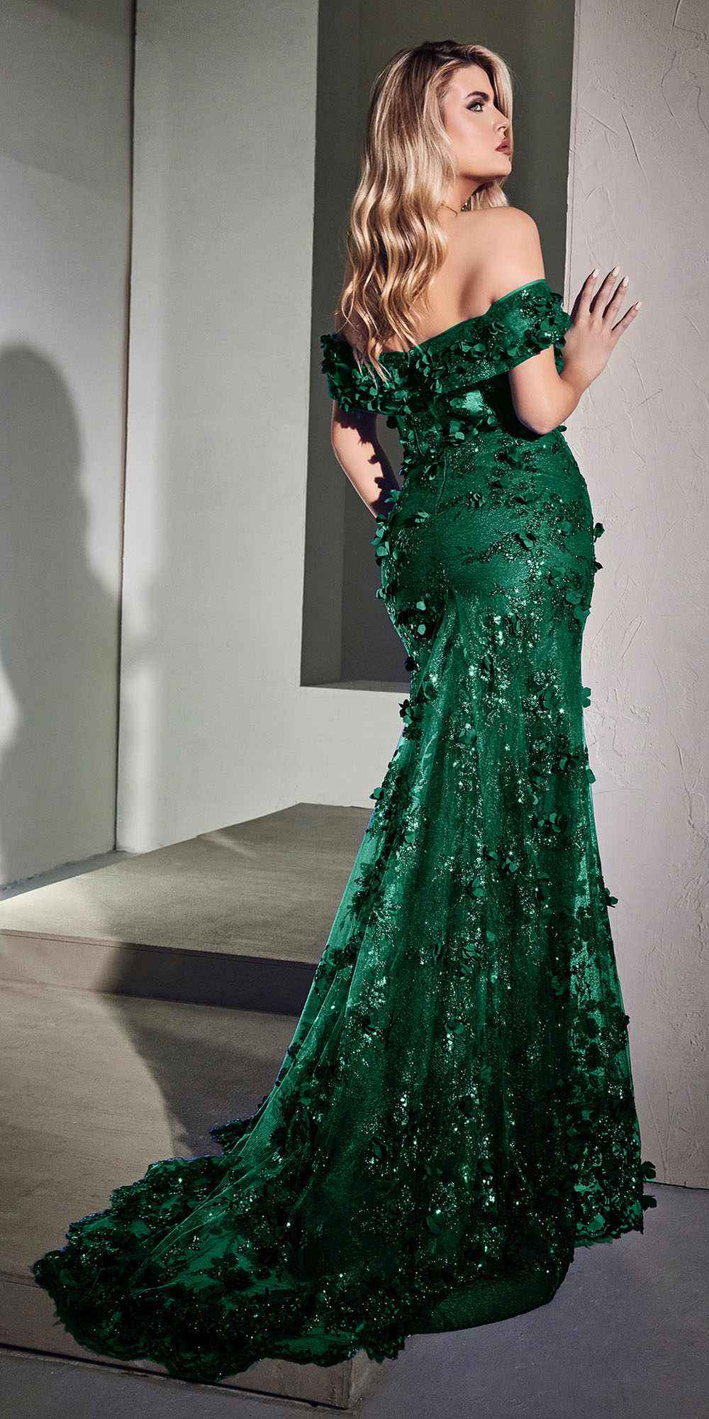 Cinderella Divine CC2164 Long Off The Shoulder 3D Applique Floral Gown