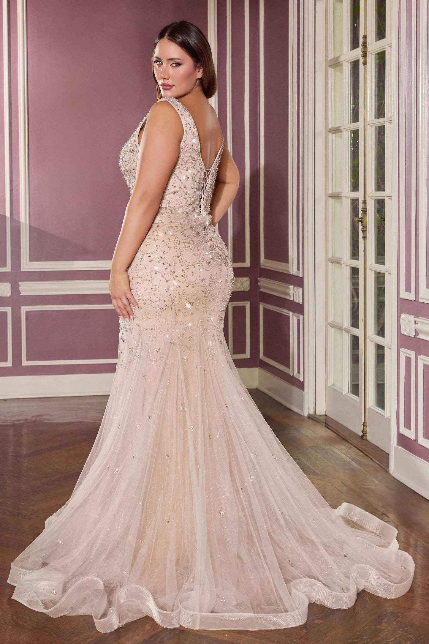 Ladivine CC8270C Glamour Scoop Neck Scroll Motifs Plus Size Mermaid Gown