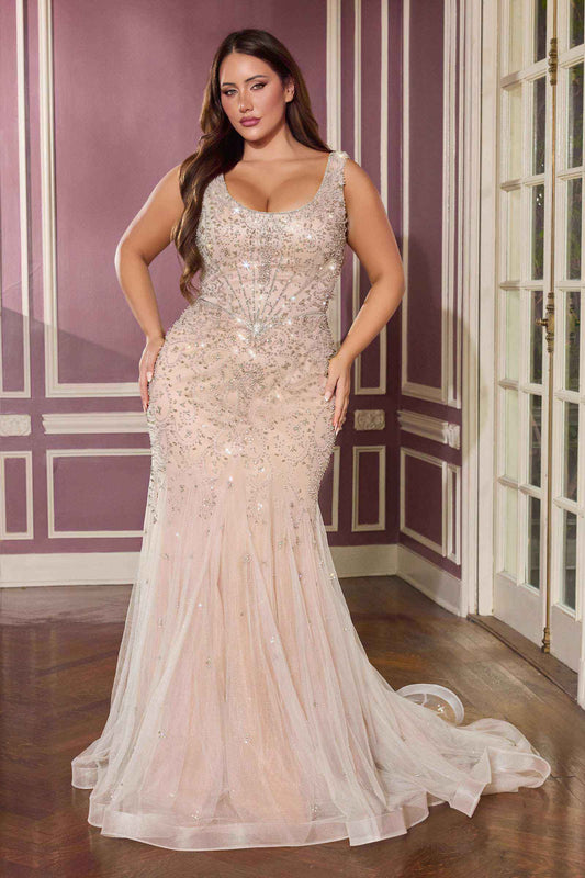 Ladivine CC8270C Glamour Scoop Neck Scroll Motifs Plus Size Mermaid Gown