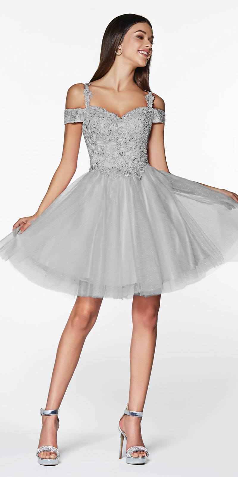 CLEARANCE - Cinderella Divine CD0132 Short A-Line Dress Off Shoulder Glitter Tulle Skirt (Size S)