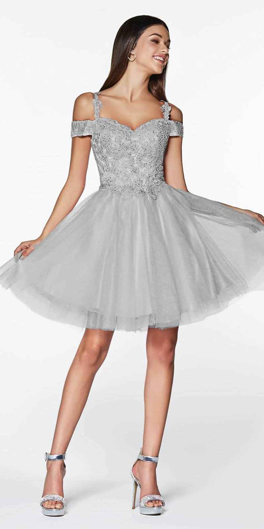 CLEARANCE - Cinderella Divine CD0132 Short A-Line Dress Off Shoulder Glitter Tulle Skirt (Size S)