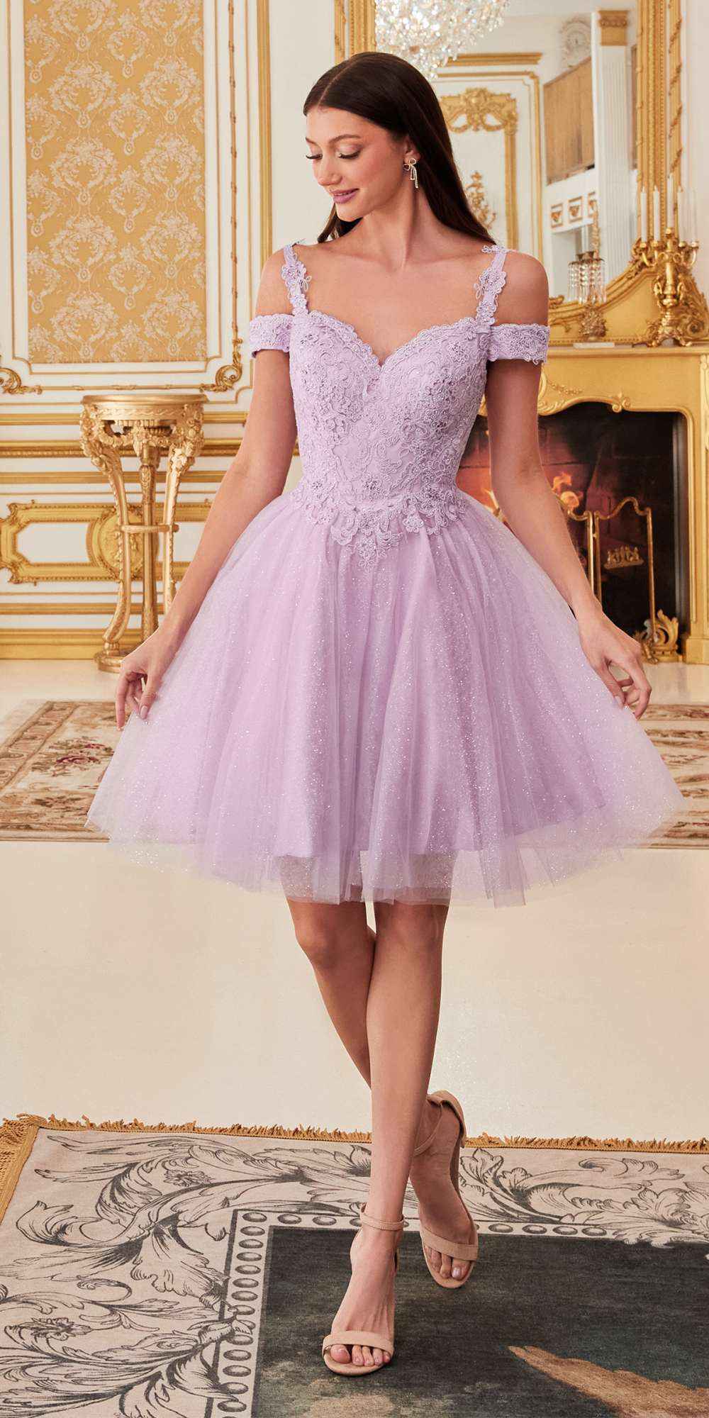 Cinderella Divine CD0132 Short A-Line Dress Off The Shoulder Glitter Tulle Skirt