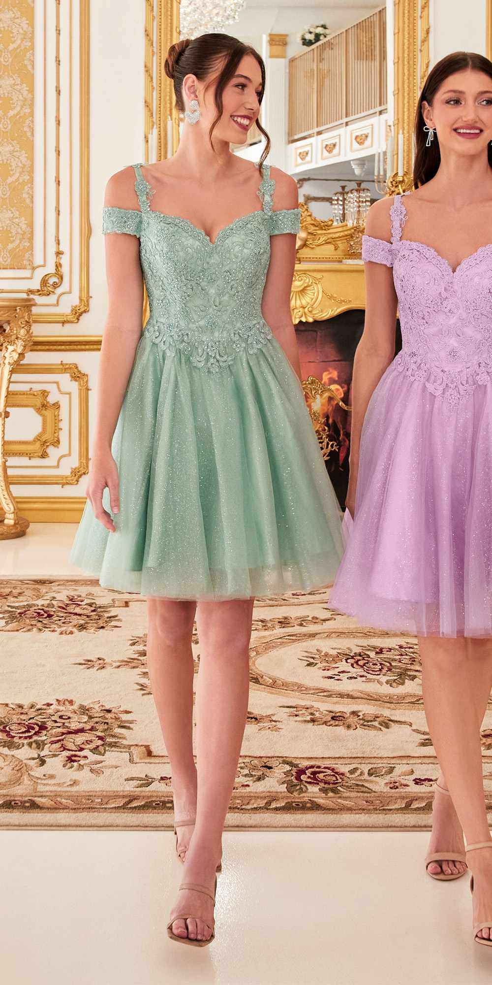 Cinderella Divine CD0132 Short A-Line Dress Off The Shoulder Glitter Tulle Skirt