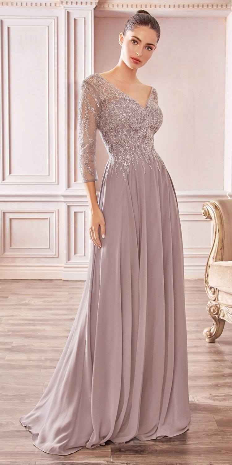 Cinderella Divine CD0171 Flowy Chiffon A-Line Gown 3/4 Length Sleeves