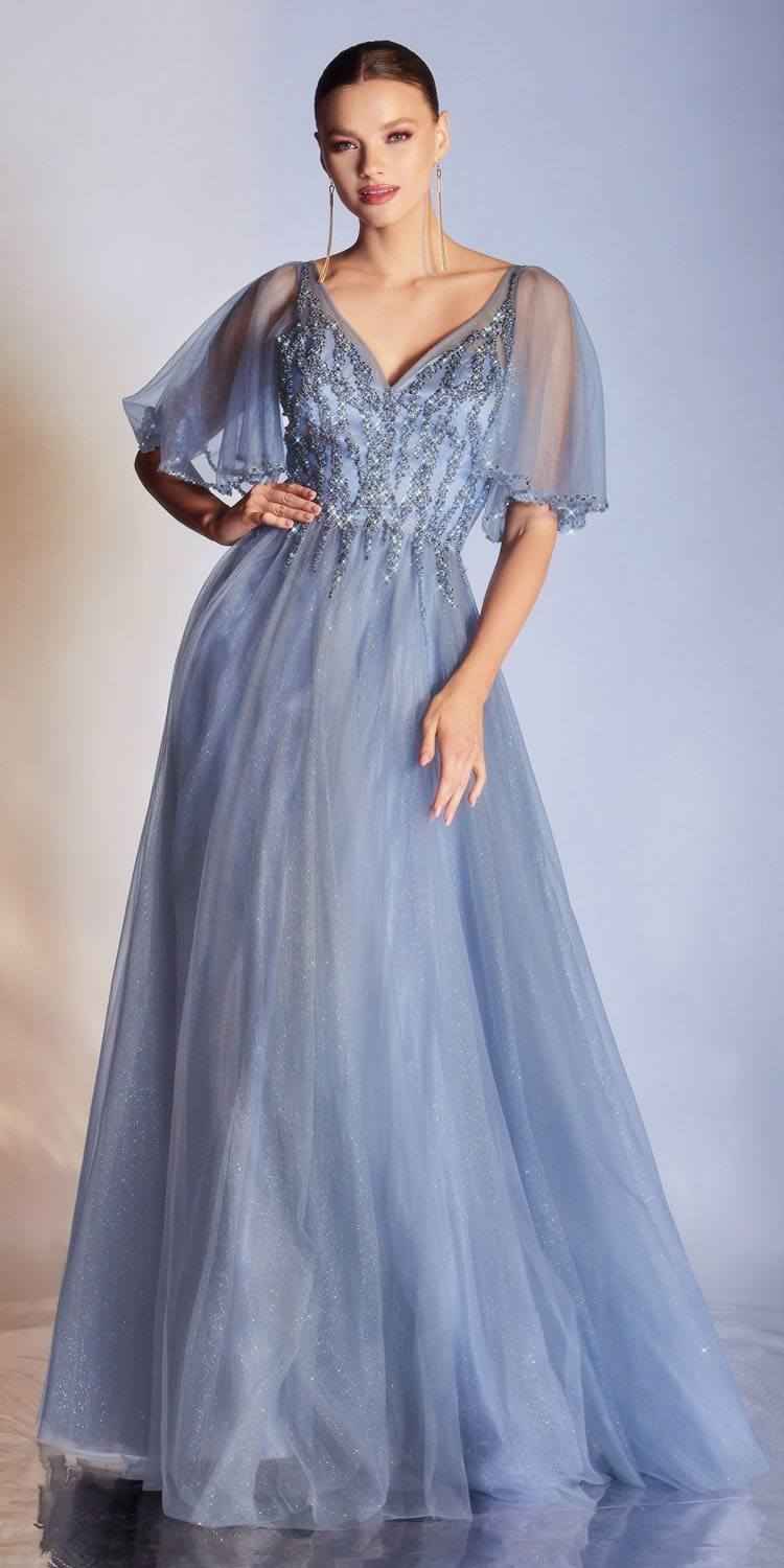 Cinderella Divine CD0175 Floor Length Layered Tulle A-Line Gown Butterfly Sleeve
