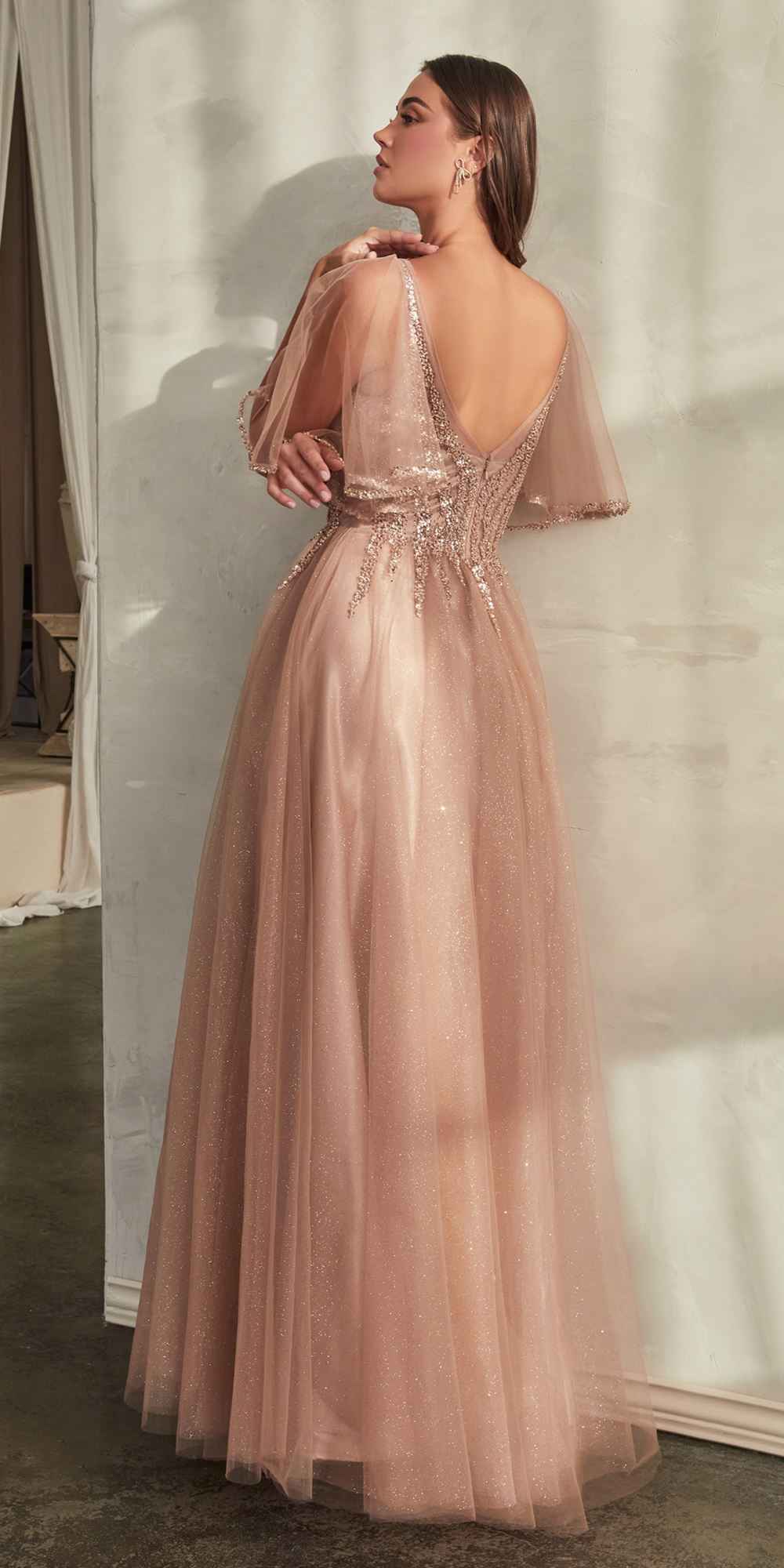 Cinderella Divine CD0175 Floor Length Layered Tulle A-Line Gown Butterfly Sleeve