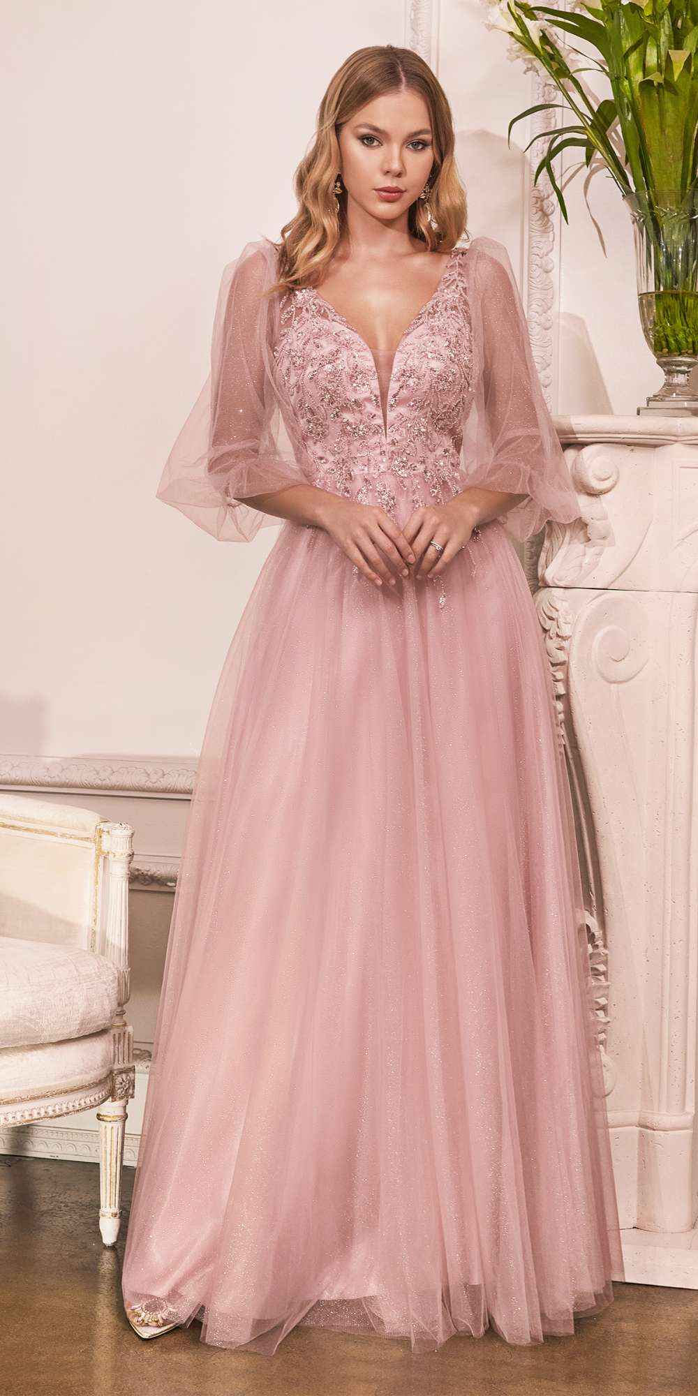 Cinderella Divine CD0182 Glitter Tulle A-Line Formal Dress