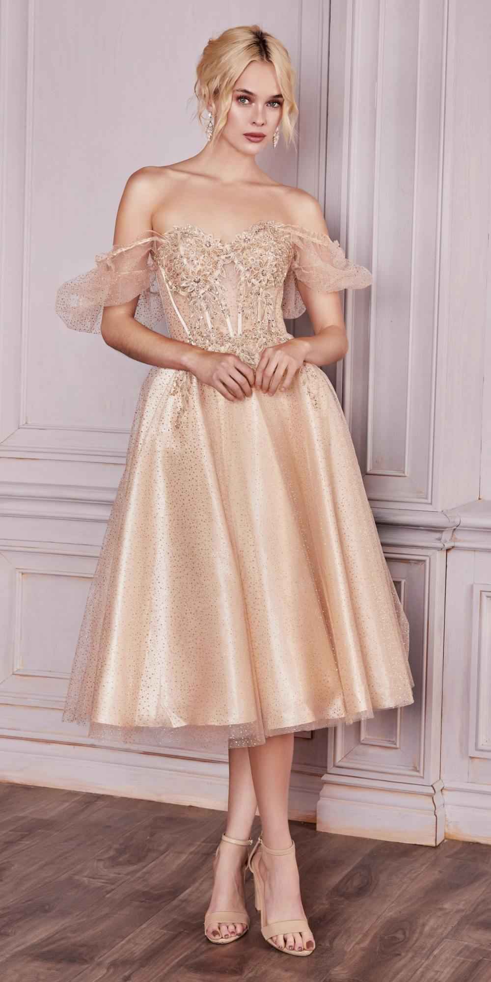Cinderella Divine CD0187 Tea Length Layered Tulle Dress with Short Puff Sleeves