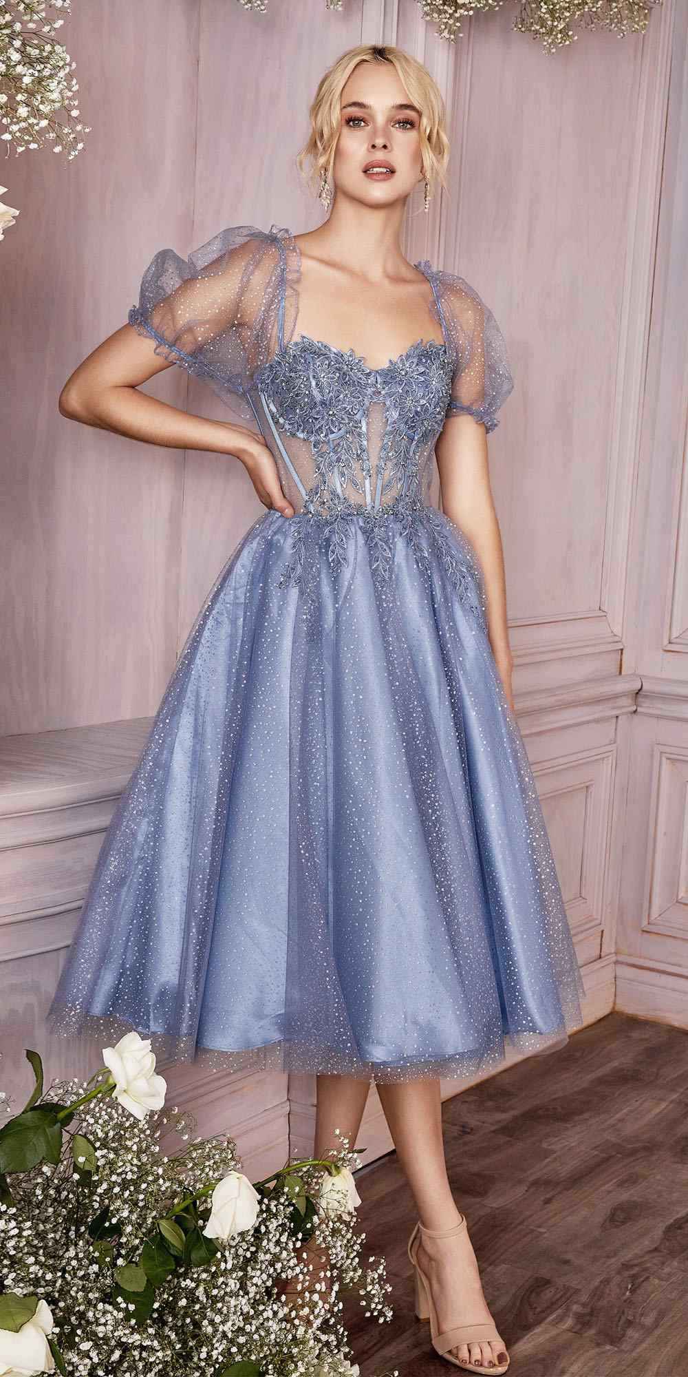 Cinderella Divine CD0187 Tea Length Layered Tulle Dress with Short Puff Sleeves