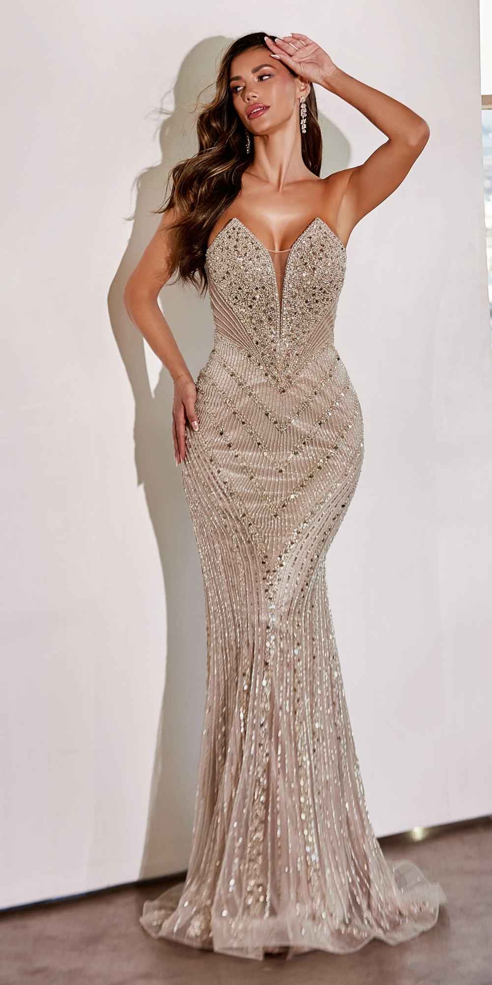 Ladivine CD0216 Floor Length Sexy Strapless Beaded Fitted Gown