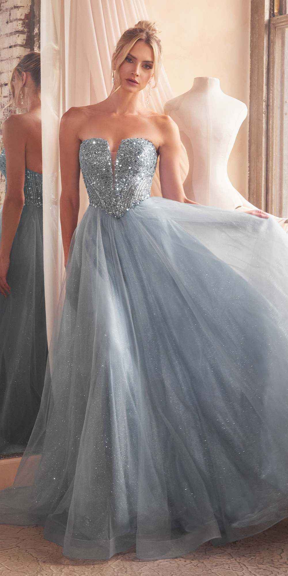 Ladivine CD0217 Long A-Line Strapless Sequin Bodice Glitter Tulle Skirt Dress