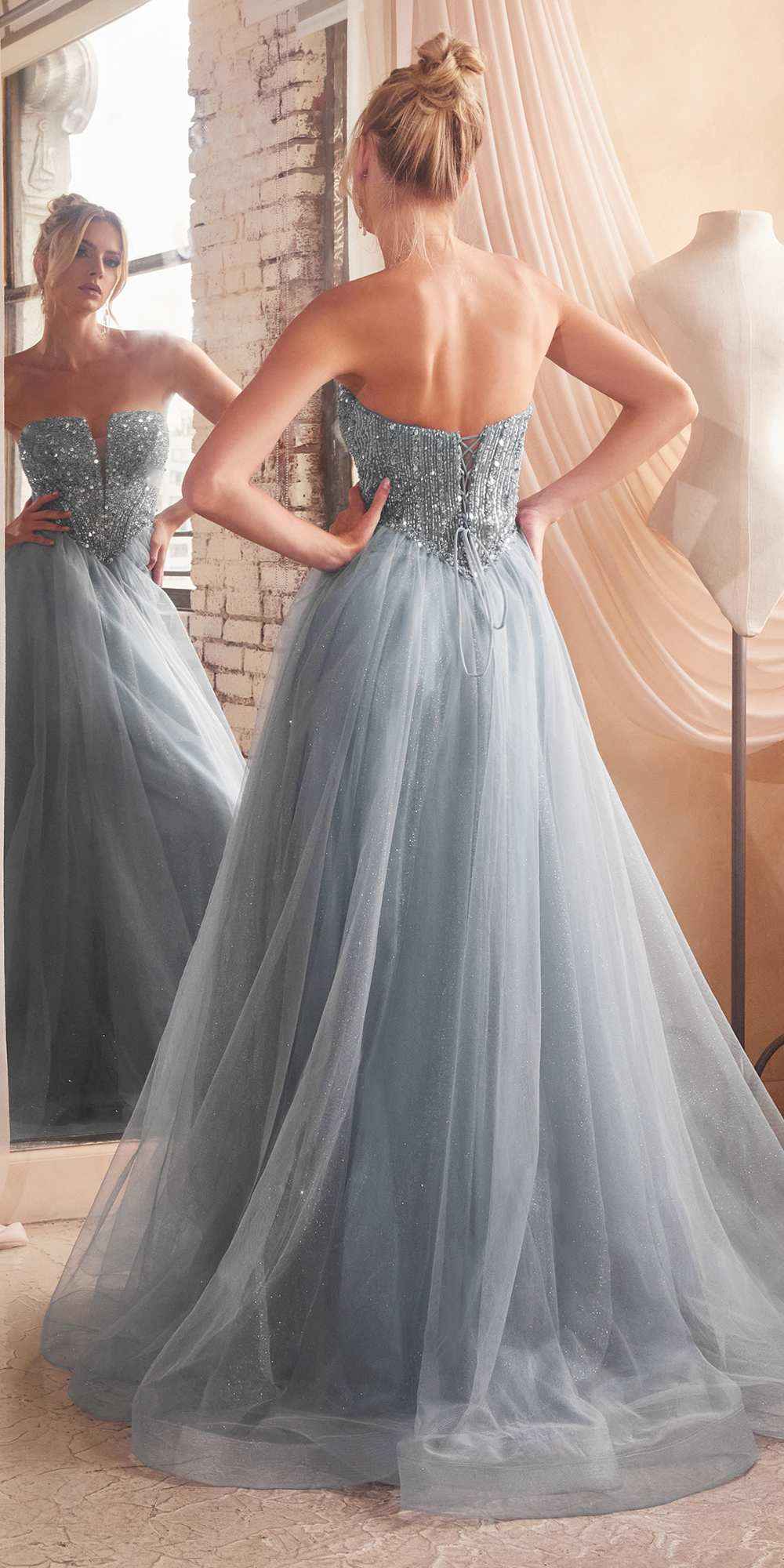 Ladivine CD0217 Long A-Line Strapless Sequin Bodice Glitter Tulle Skirt Dress