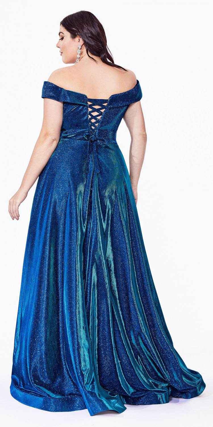 Cinderella Divine CD210C Off The Shoulder A-Line Gown Metallic Glitter