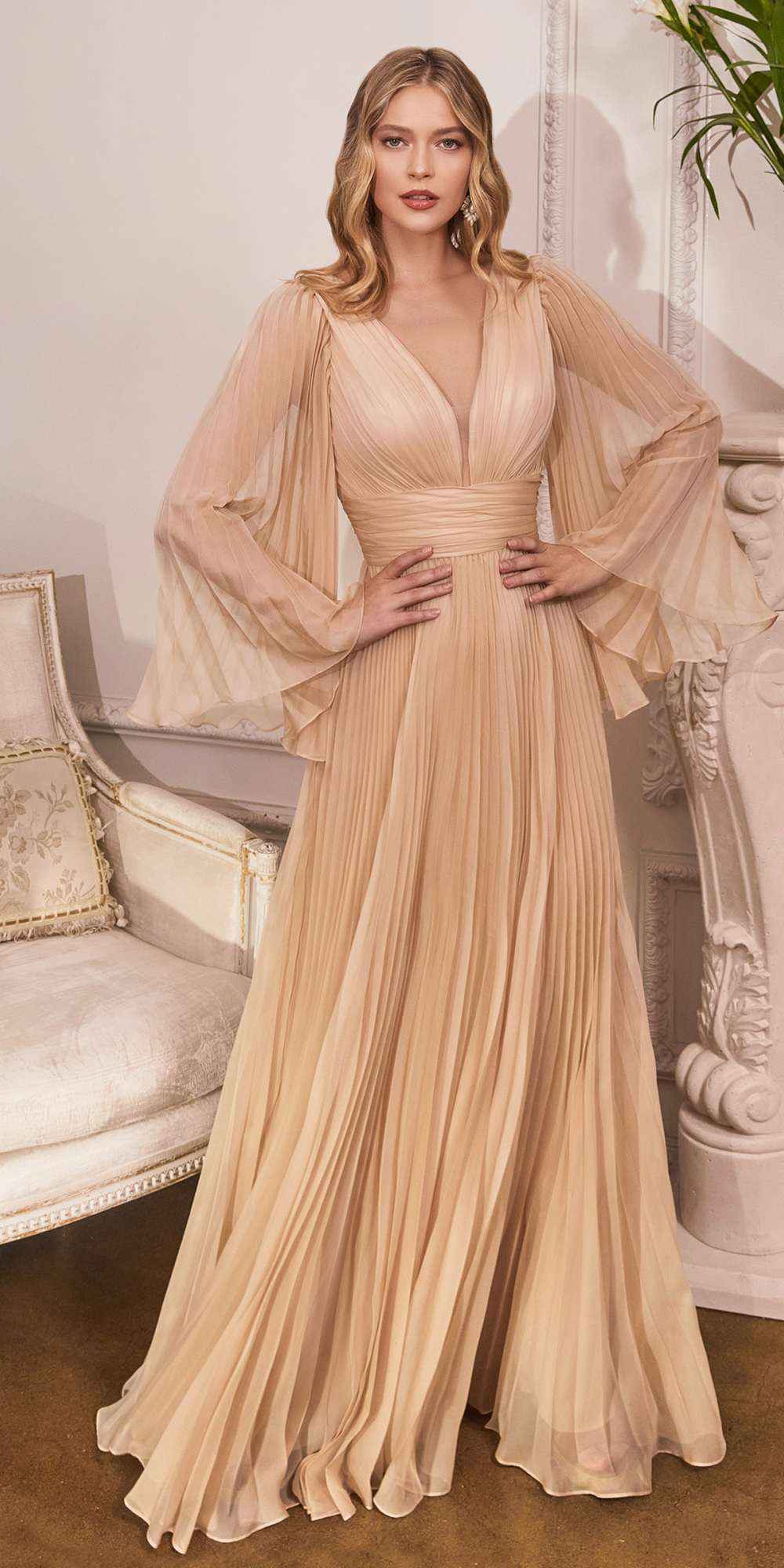 Cinderella Divine CD242 Pleated Chiffon Long Sleeve Gown