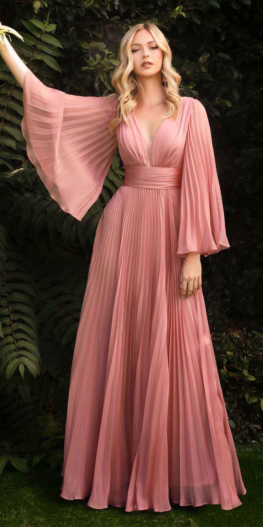 Cinderella Divine CD242 Pleated Chiffon Long Sleeve Gown