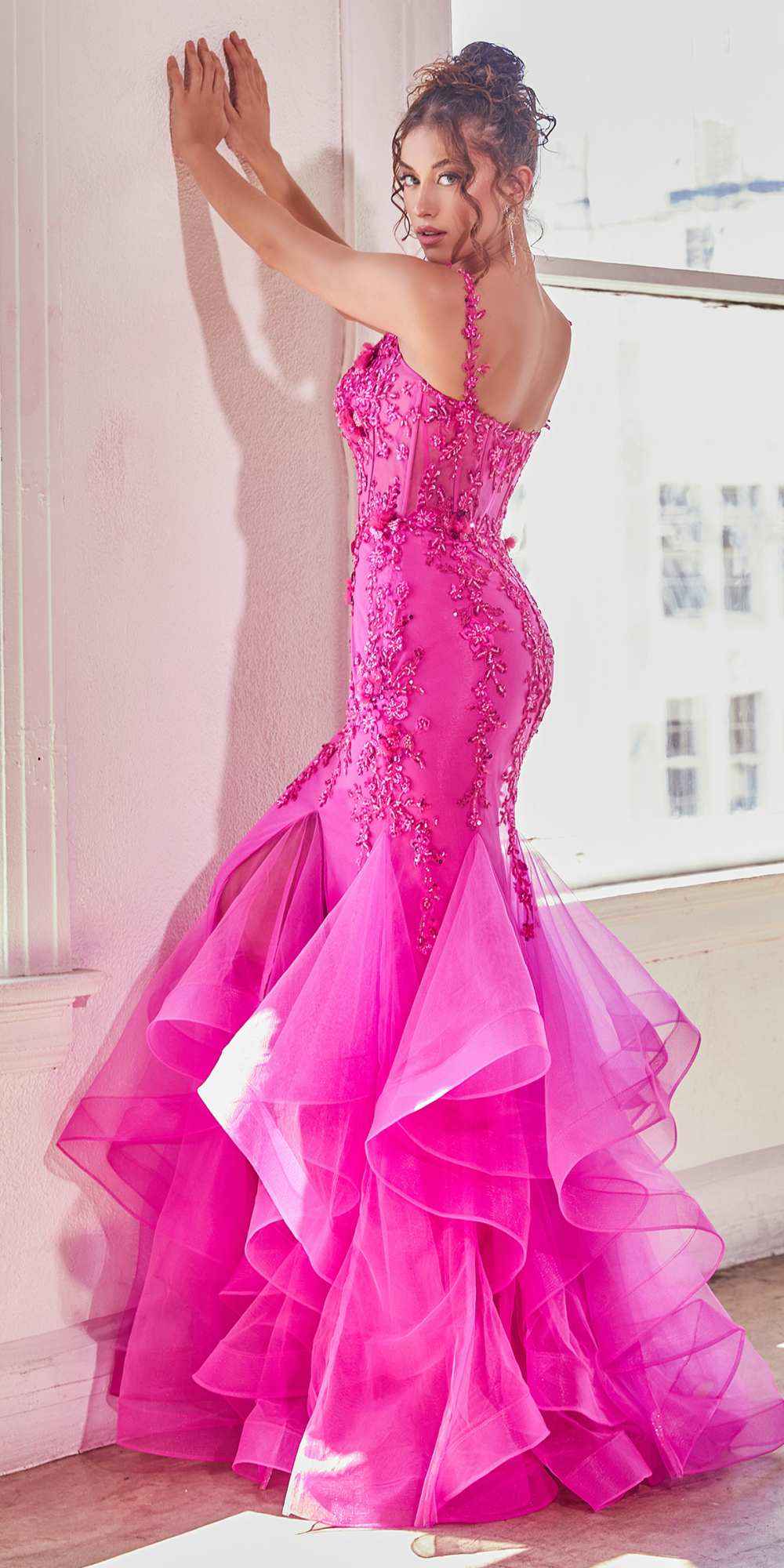 Ladivine CD331 Long Fuchsia Mermaid Embellished Ruffle Skirt Gown