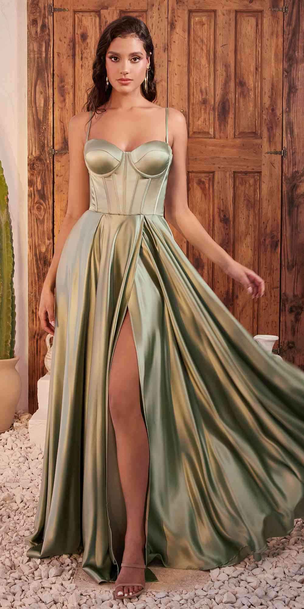 Ladivine CD337 Long A-Line Slit Satin Bustier Dress