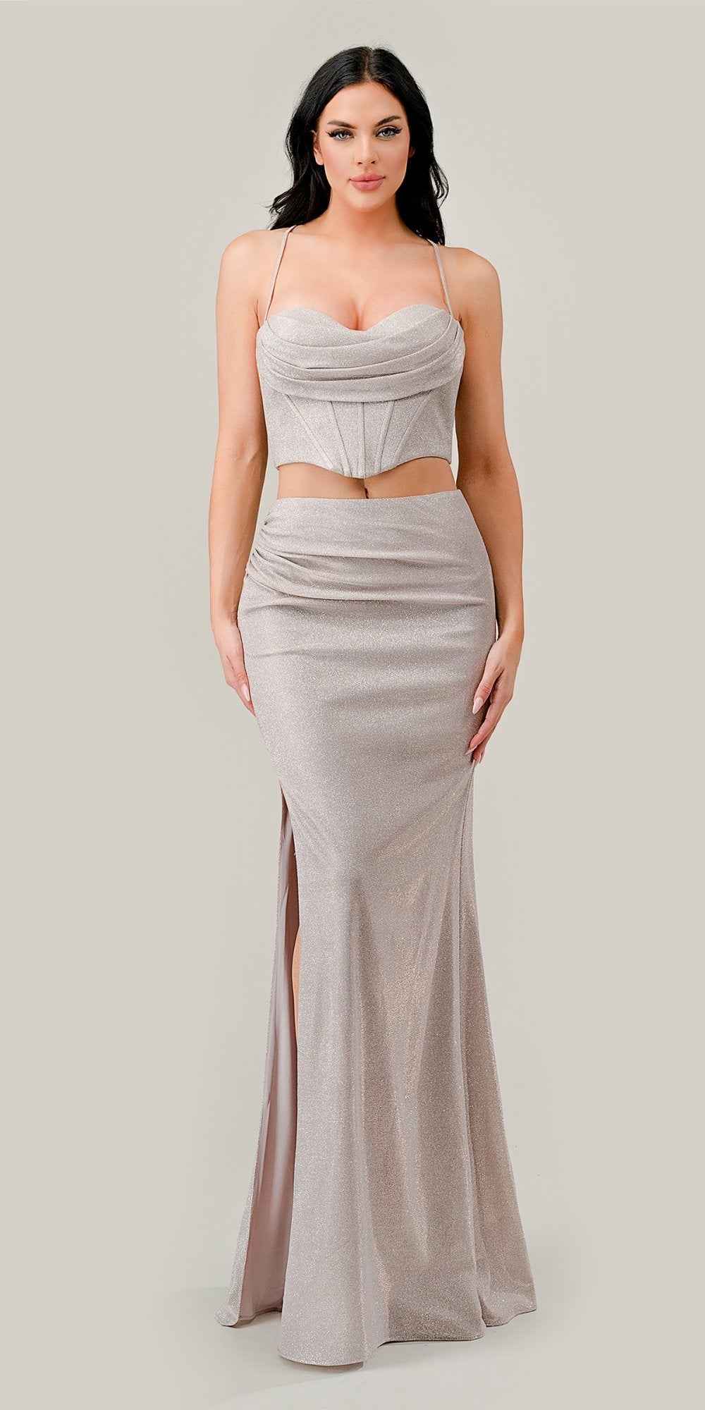 Ladivine 350 Long Two-Piece Glitter Corset Slit Dress