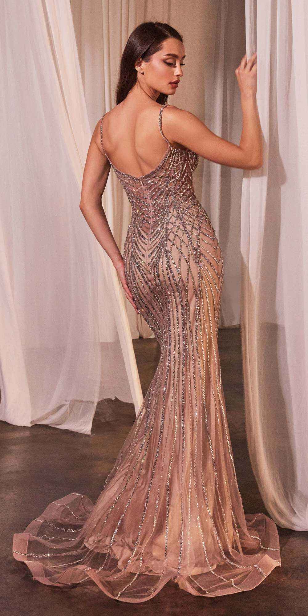 Ladivine CD846 Long Bead Embellished Fit and Flare Gown