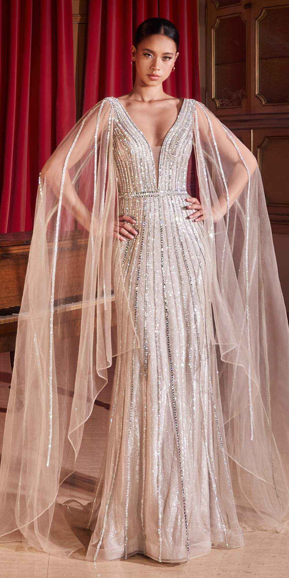 Ladivine CD865 Embellished Long Cape Sleeve Formal Gown