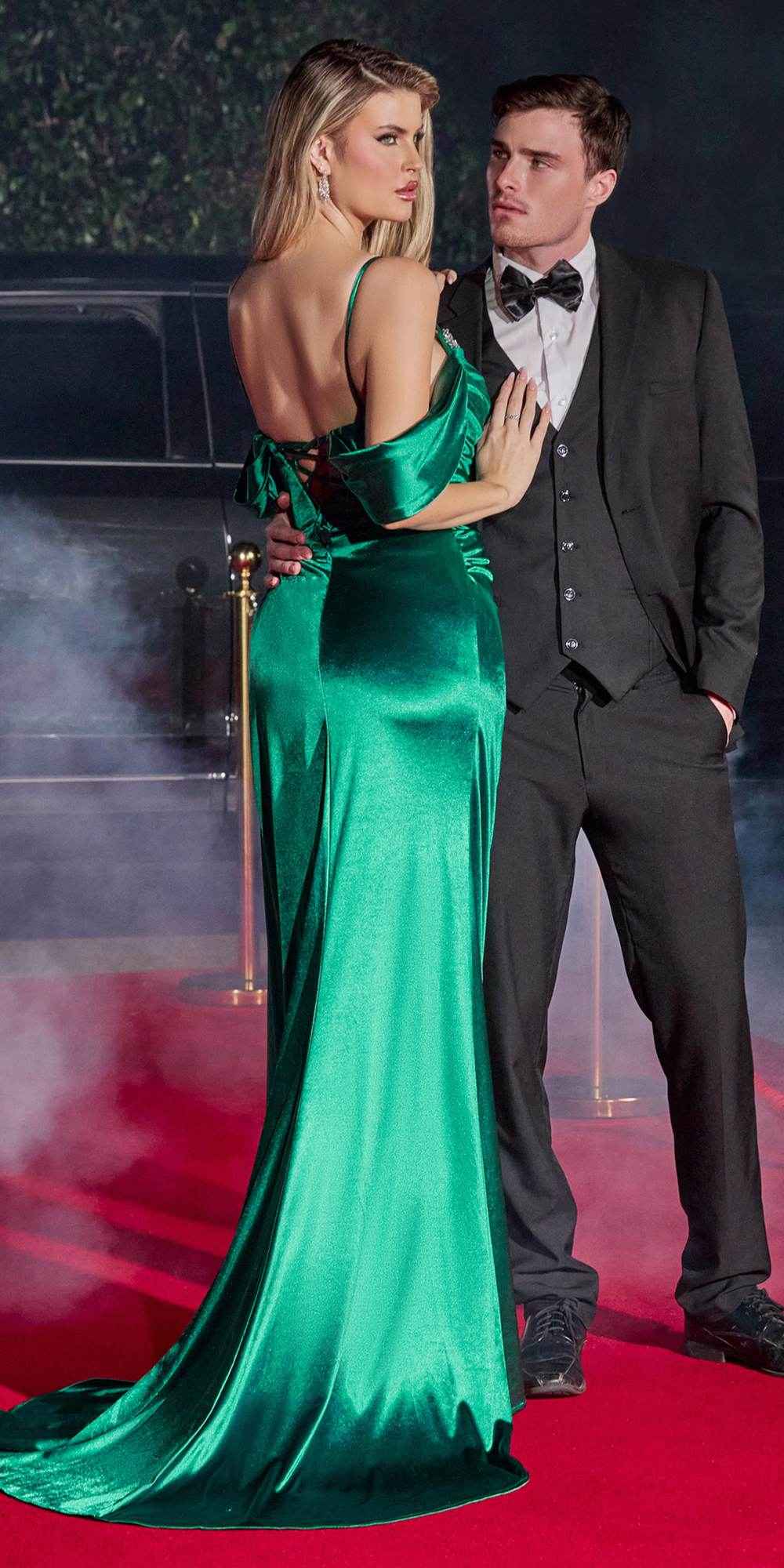 Ladivine CD875 Long Soft Satin Fitted Gown Off the Shoulder with Slit