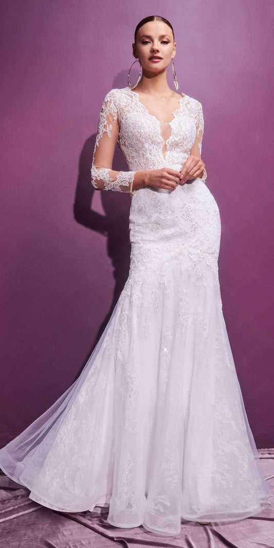Cinderella Divine CD951W Lace Mermaid Gown With Long Illusion Sleeves