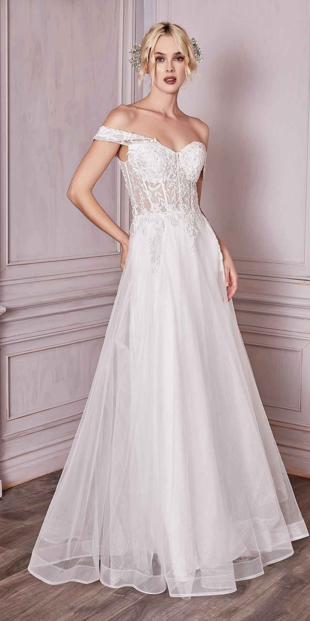 Cinderella Divine CD961W Long Lace Off the Shoulder Bridal Gown