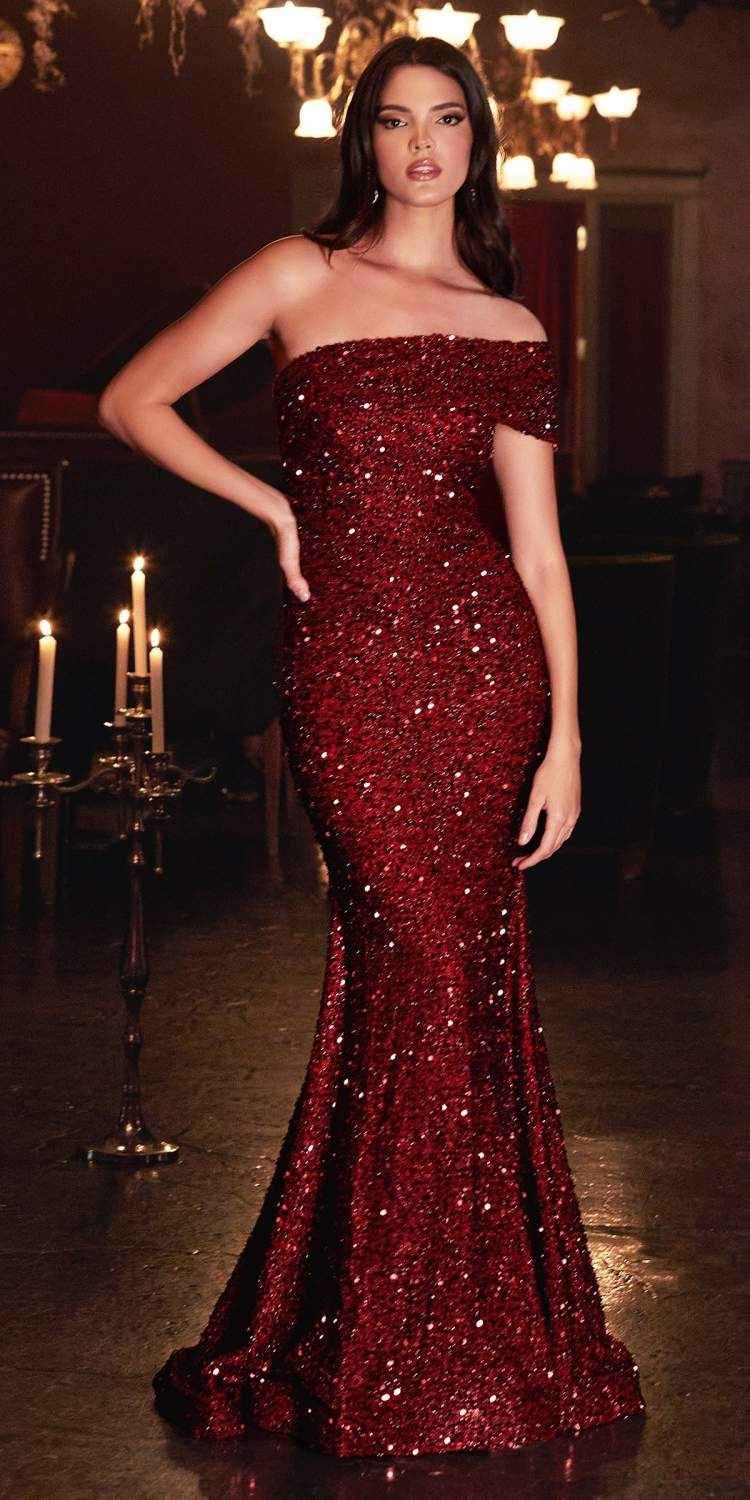 Cinderella Divine CD980 Long Off the One Shoulder Sequins Gown
