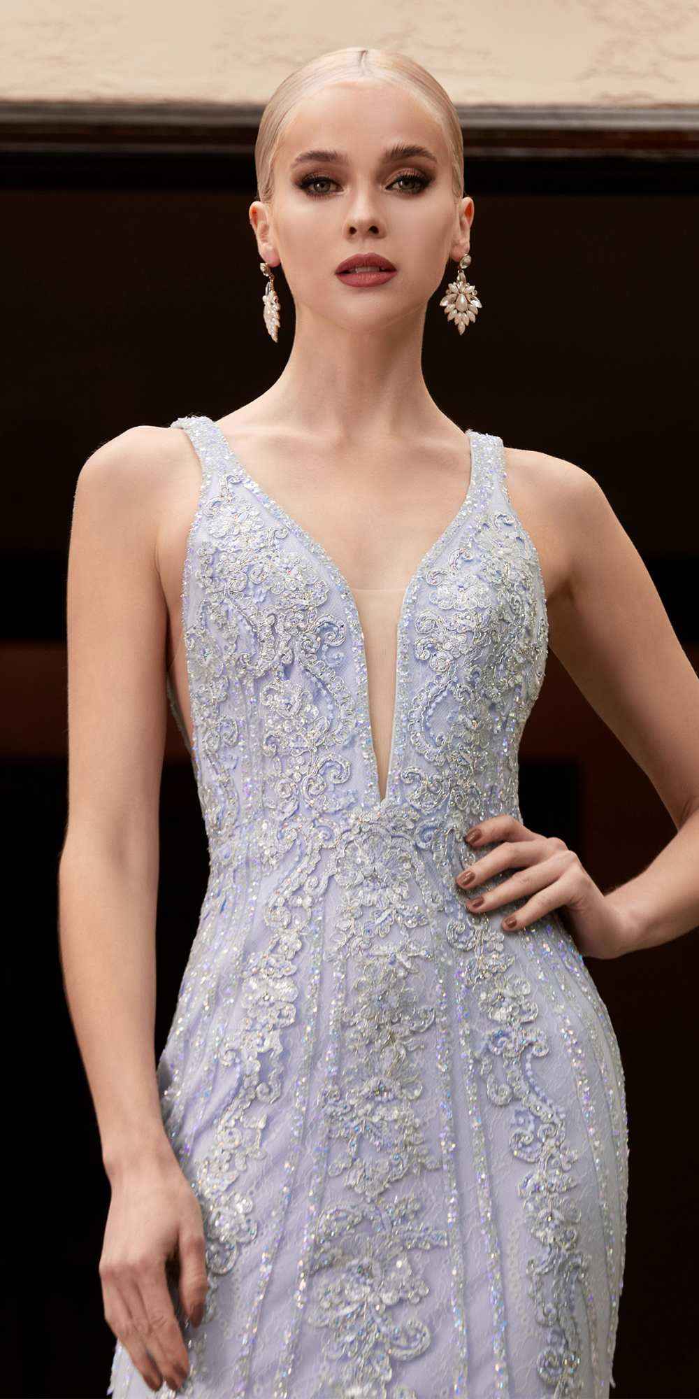 Cinderella Divine CD981 Long Pastel Column Beaded Lace Dress