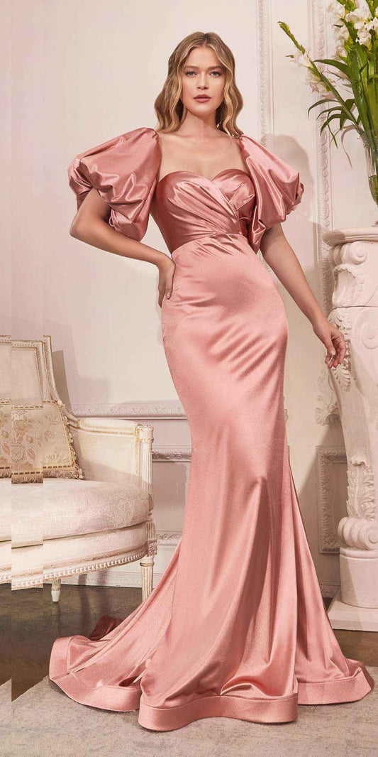 Cinderella Divine CD983 Long Fitted Satin Gown with Puff Sleeve
