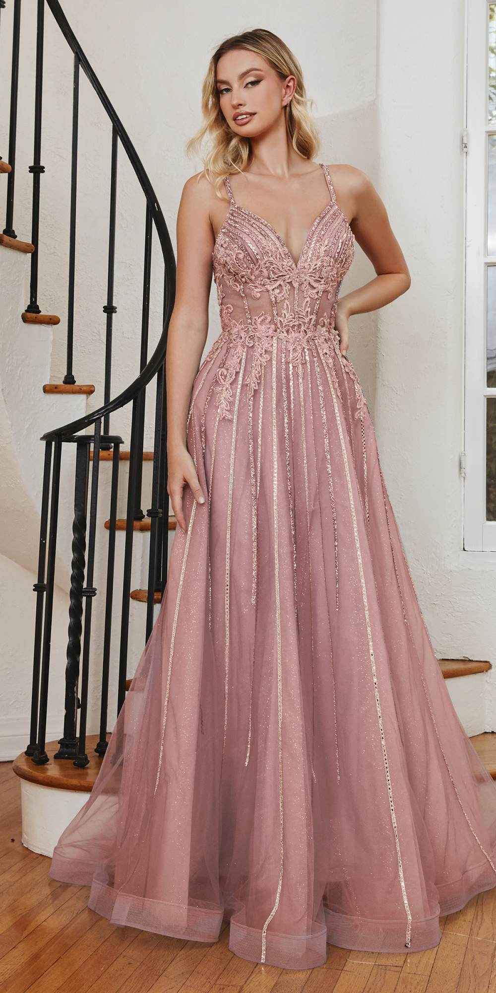 Cinderella Divine CD994 Long A-Line Beaded Tulle Gown Lace Detail V-Neck