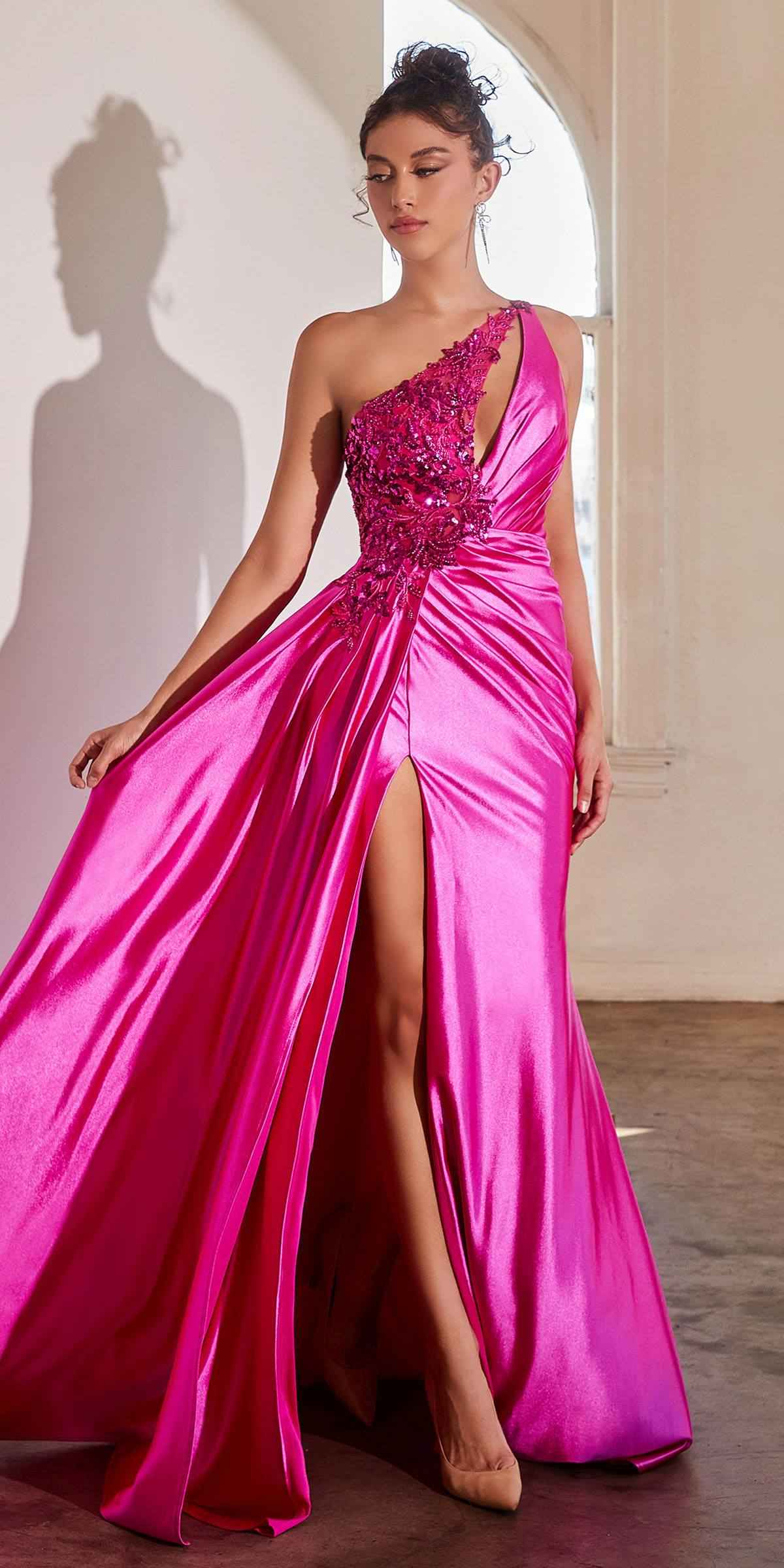 Ladivine CDS454 Floor Length One Shoulder Keyhole Bodice Leg Slit Satin Gown