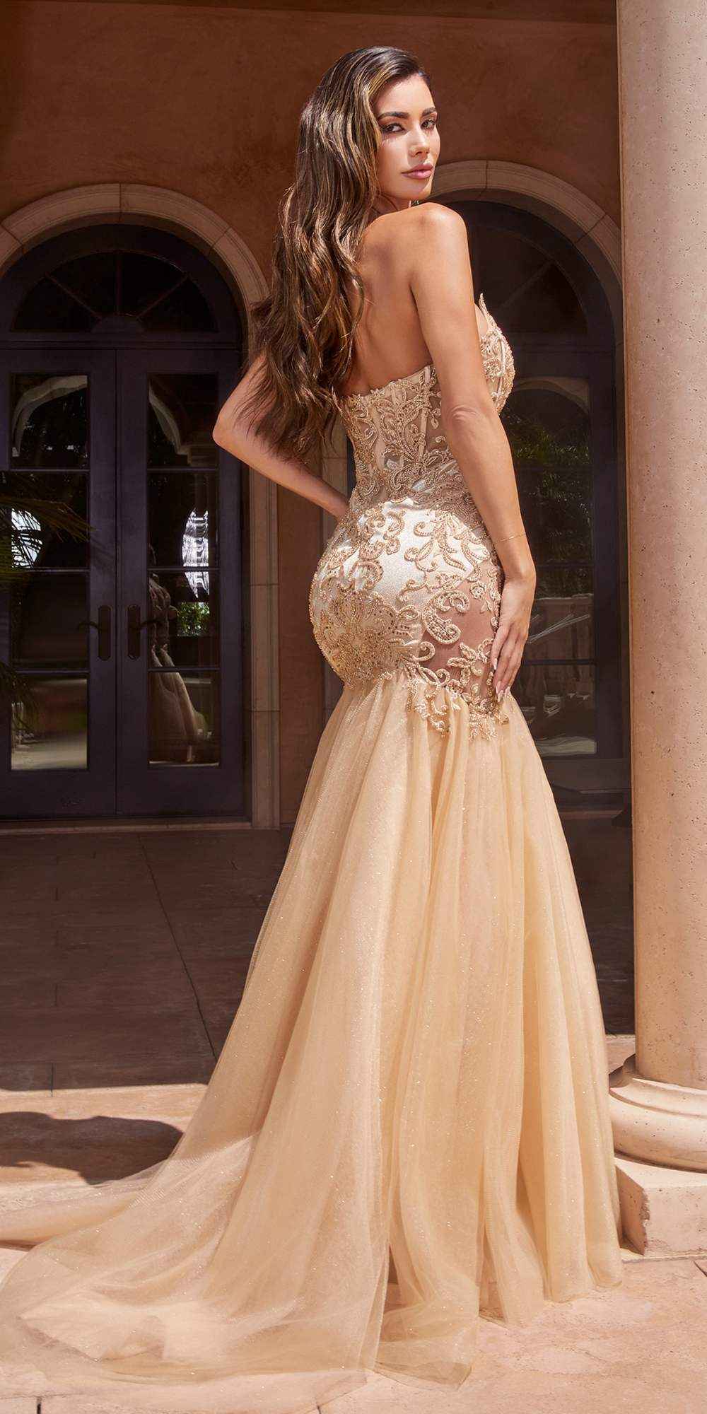 Ladivine CDS482 Long Fitted Strapless Lace and Tulle Mermaid Gown