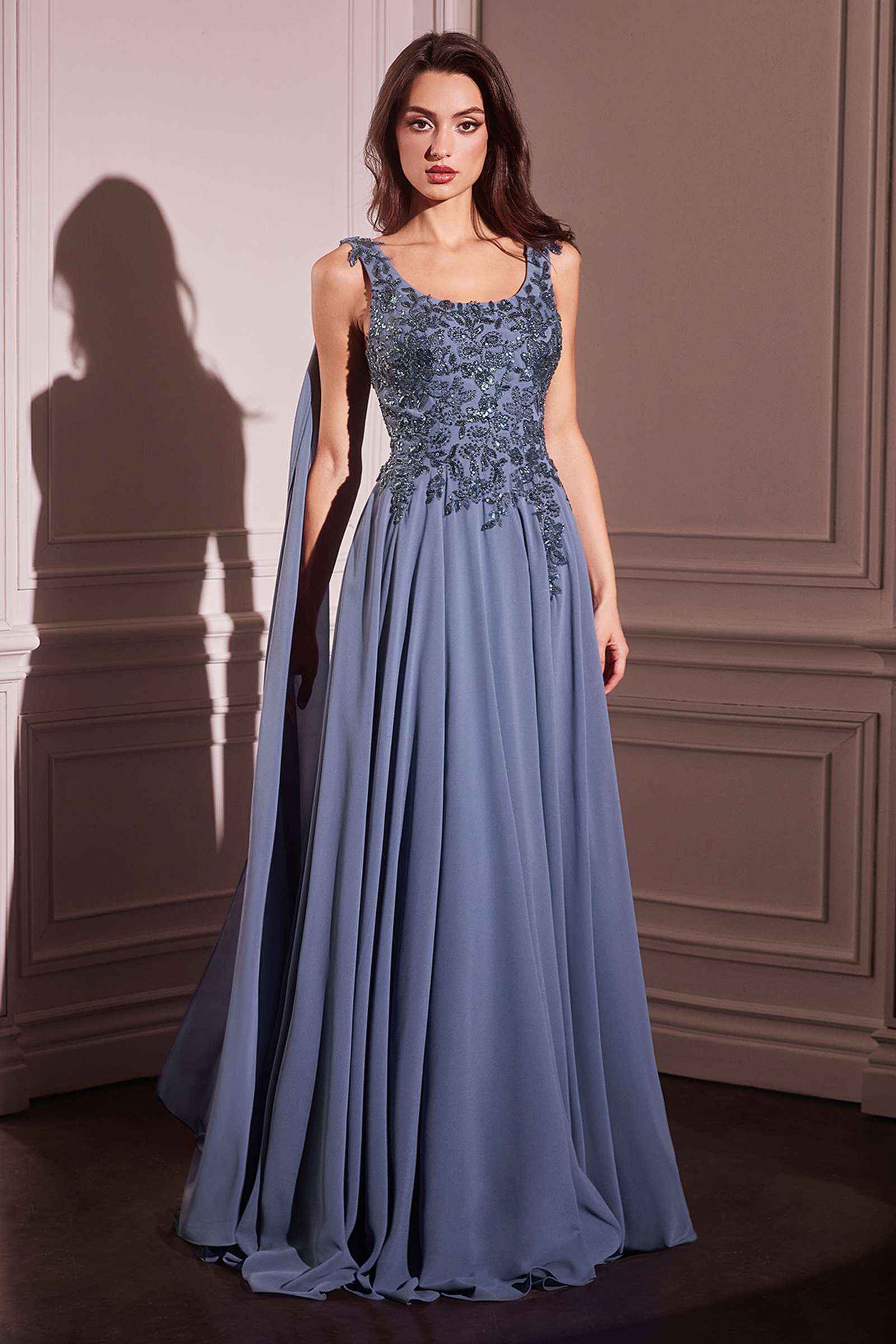Ladivine CDS509 Dress Chiffon A-Line Gown & Long Cape Sleeves