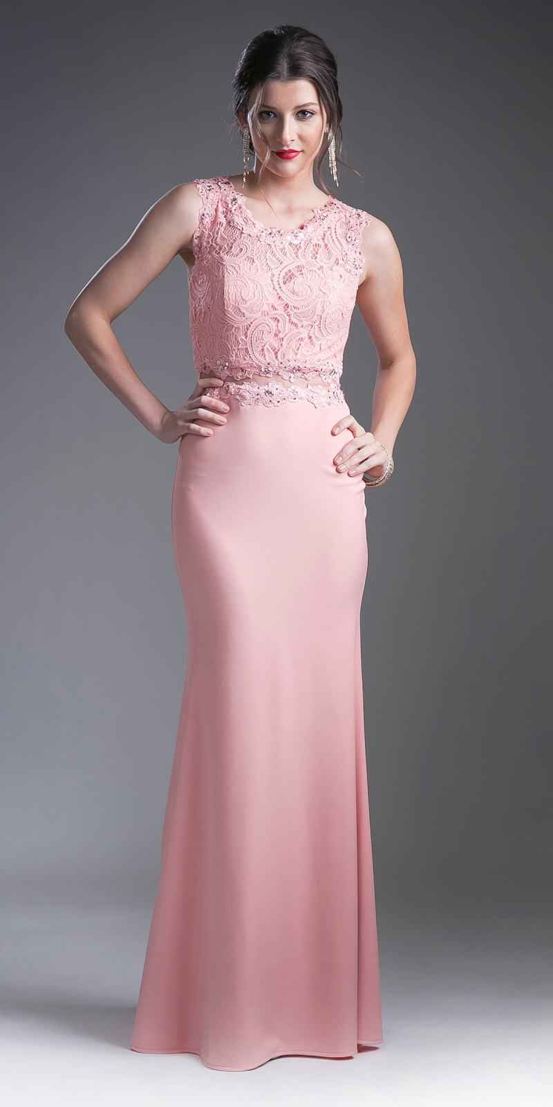 Cinderella Divine CF115 Long Lace Bodice Stretch Knit Sheath Dress Sleeveless