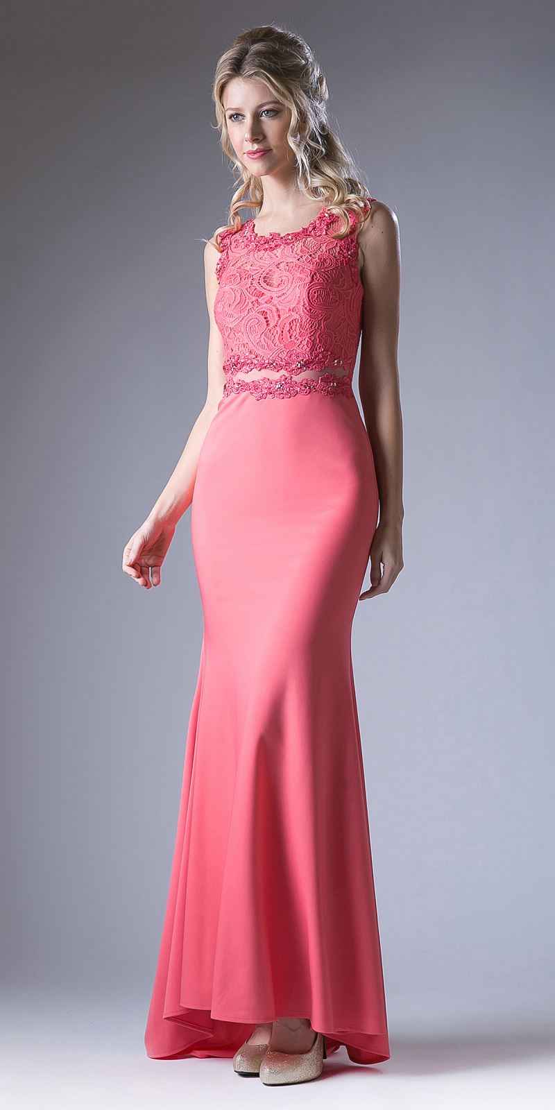 Cinderella Divine CF115 Long Lace Bodice Stretch Knit Sheath Dress Sleeveless