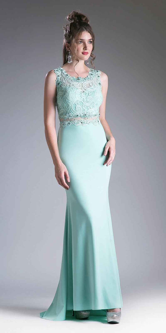 Cinderella Divine CF115 Long Lace Bodice Stretch Knit Sheath Dress Sleeveless