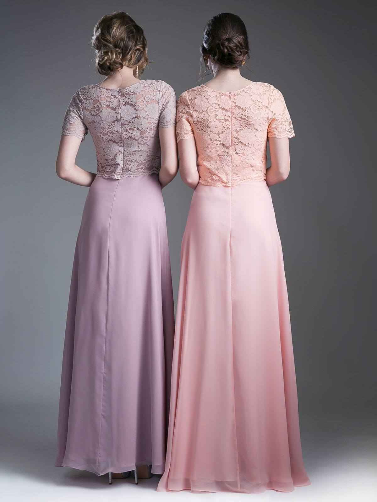 Cinderella Divine CF160 Lace Bodice Short Sleeves A-line Long Dress