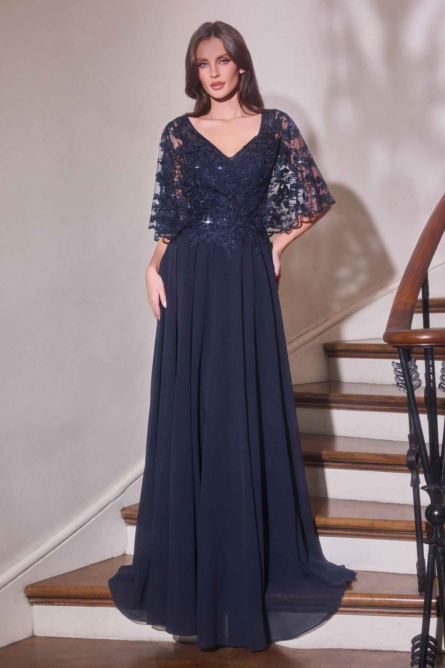 Ladivine CL10 Mother of the Bride V-Neckline Lace Bodice A-Line Gown