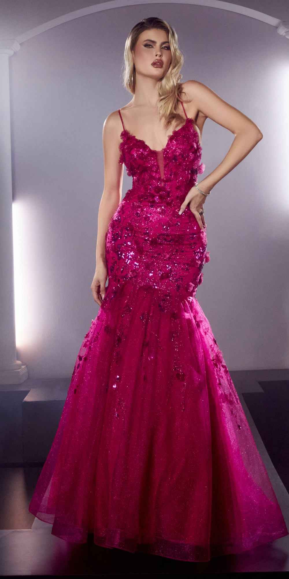 Ladivine CM328 Long Floral Applique Mermaid Gown