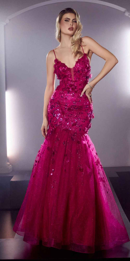 Ladivine CM328 Long Floral Applique Mermaid Gown