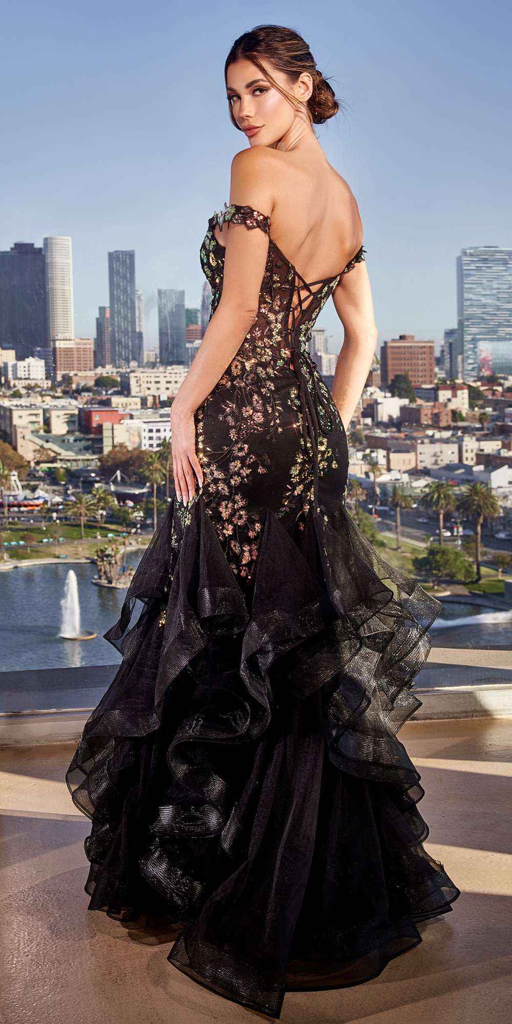 Ladivine CM354 Long Off the Shoulder Iridescent Black Sequin Gown