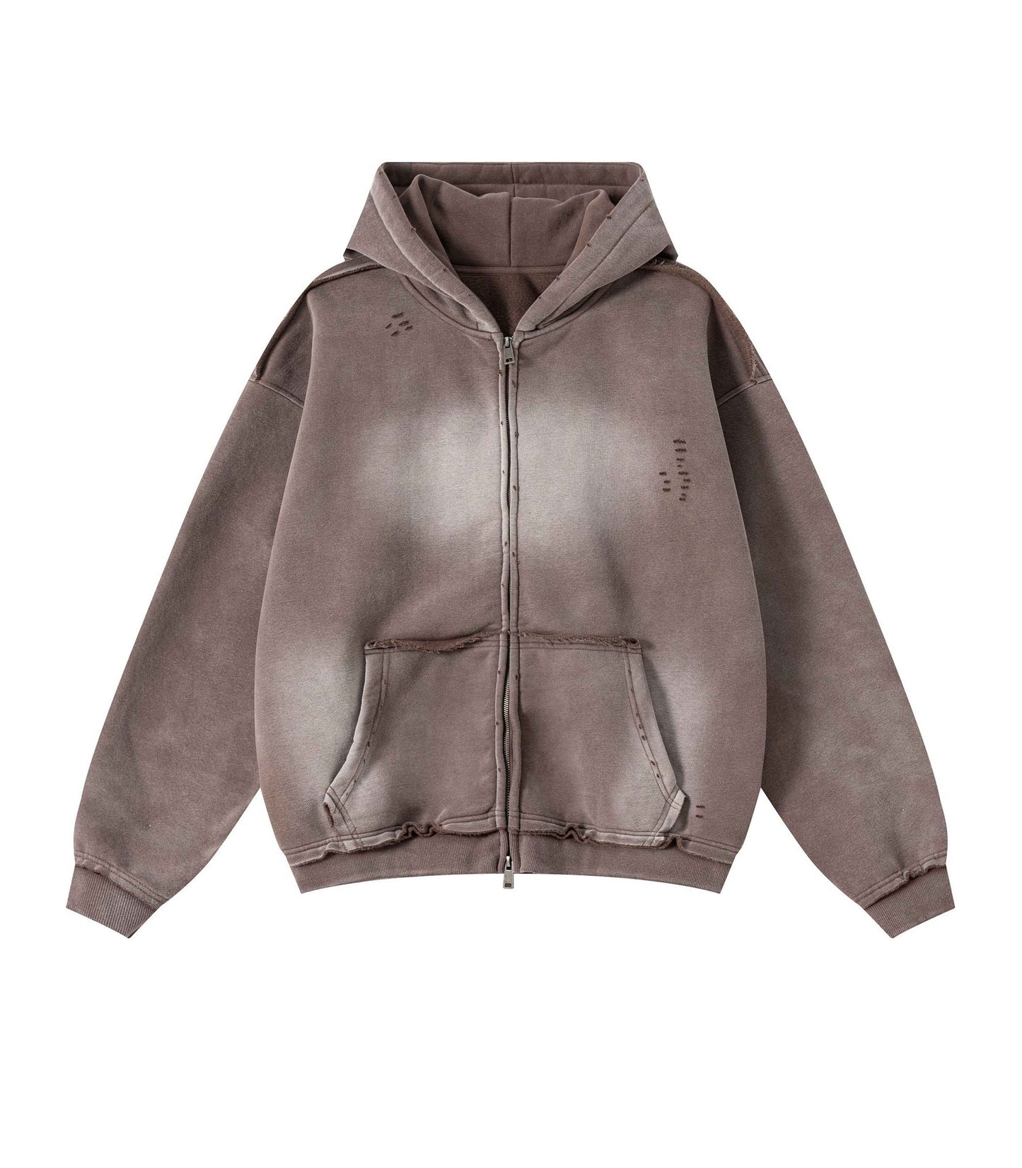BROWN DISTRESSED ZIP HOODIE