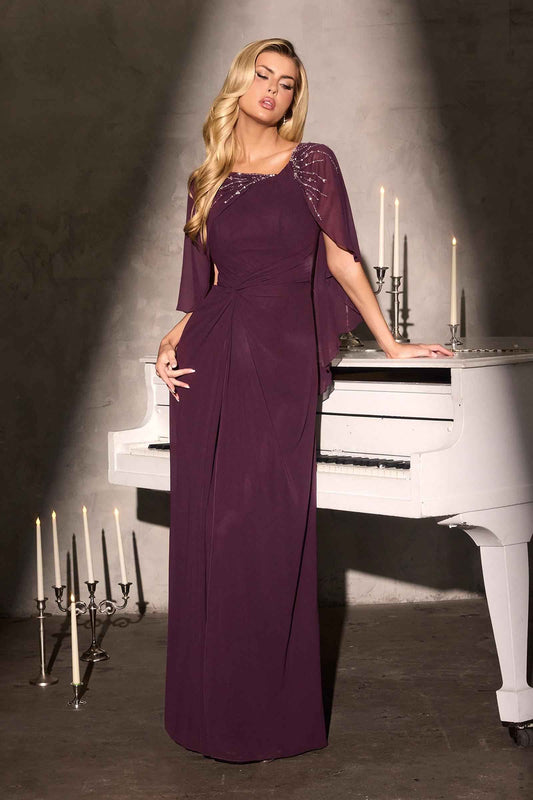 Ladivine CR884 Cape Sleeve Soft Flowing Chiffon MOB Dress