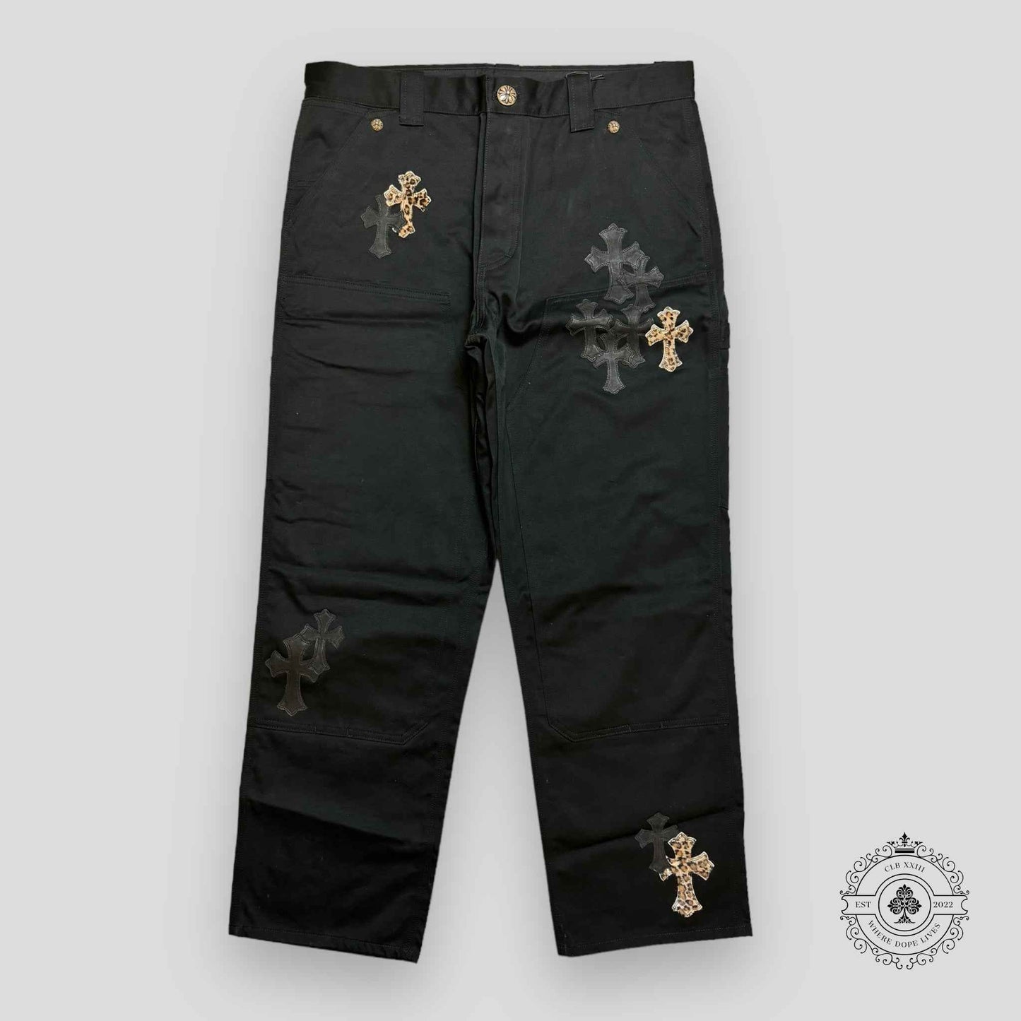 Chrome Hearts Cross Patch Double Knee Carpenter Pants in Black/Leopard